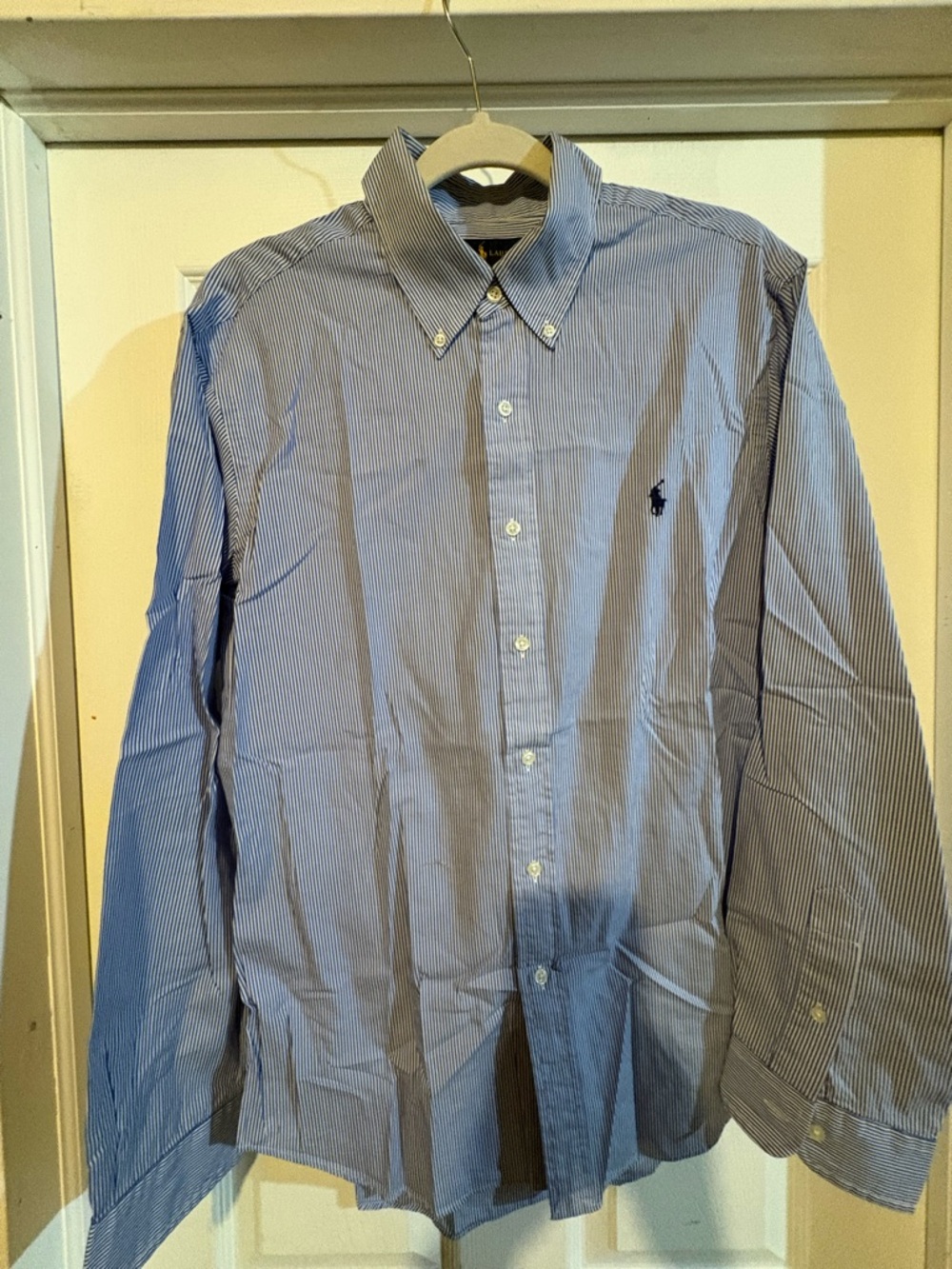 Ralph Lauren Men's Blue and White Pinstripe Button-Down Shirt